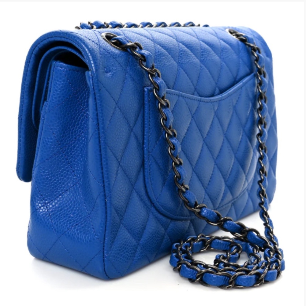 Authentic CHANEL Caviar Quilted Medium Double Flap in a stunning, vibrant blue - Picture 11 of 15